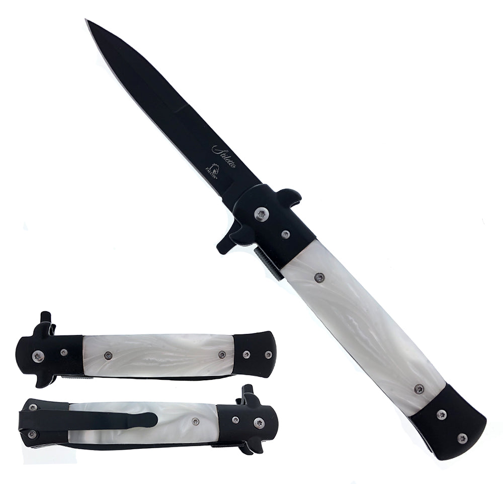 Falcon Spring Assisted Pocket Knife with Pearl Handle and Black Blade for collectors and outdoor use