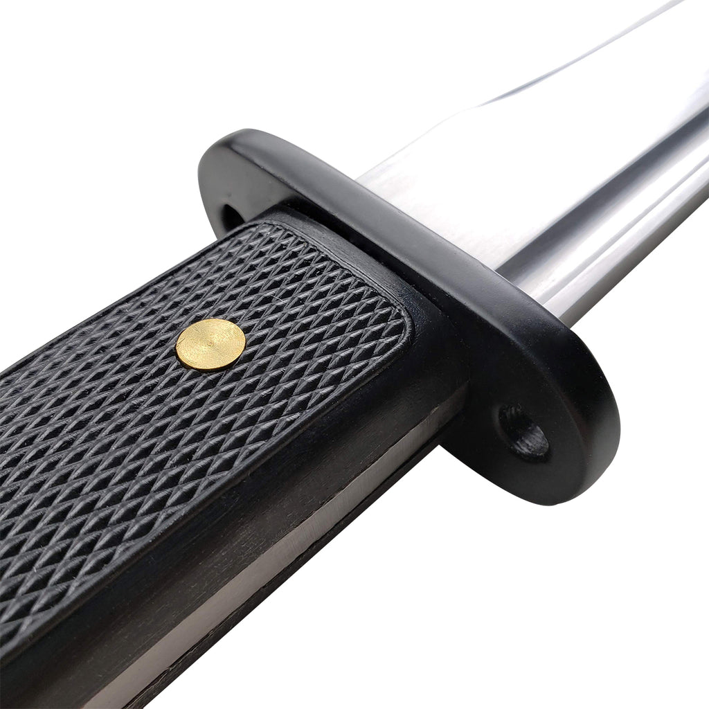 Close-up of Musashi Modern Tactical Samurai Katana handle with textured grip and polished blade