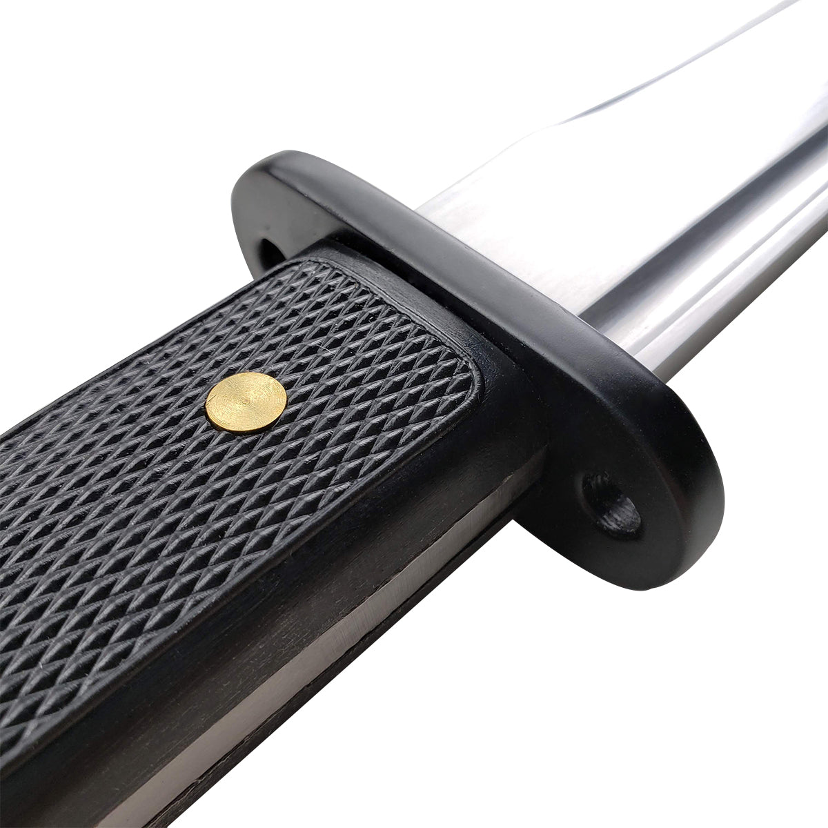 Close-up of Musashi Modern Tactical Samurai Katana handle with textured grip and polished blade